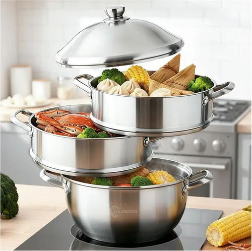Miniatura 8 de LOLYKITCH Olla de Stock de Acero Inoxidable de Tres Capas de 3 QT con Tapa y Vaporera, Olla de Cocina por Inducción, Utensilios de Cocina al Vapor