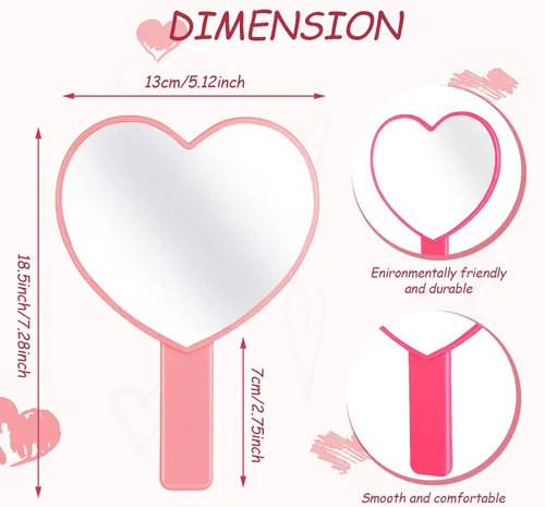 Miniatura 2 de Yalikop 3 piezas de espejo de corazón de mano, lindos espejos de plástico para maquillaje de viaje, con asa, regalos rosados para mujeres, regalos