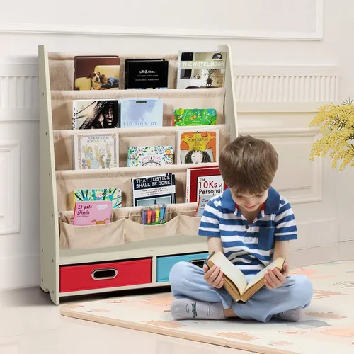 Miniatura 9 de HONEY JOY Estante para libros para niños con 2 contenedores de almacenamiento, estantería de madera para niños pequeños con 4 estantes de Beige