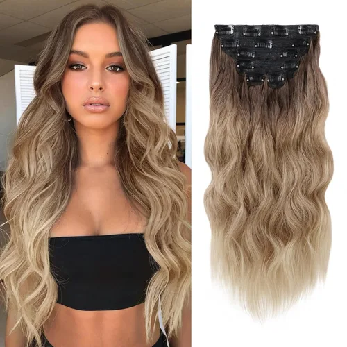 Miniatura 27 de WECAN Extensión de cabello con clip, de 20 pulgadas, mezcla de rubio ceniza y rubio decolorado, 6 piezas, extensiones de cabello largo ondulado