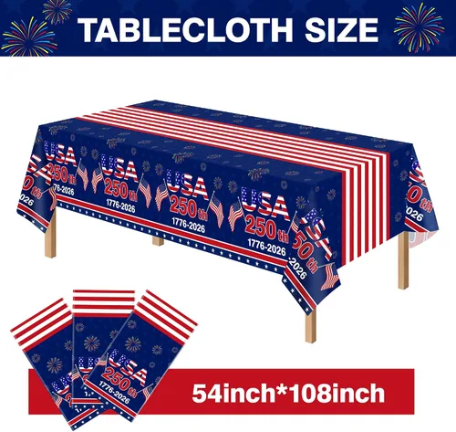 Miniatura 5 de Kelool Decoraciones del 250 aniversario de Estados Unidos, paquete de 3 manteles patrióticos de 54 x 108 pulgadas, mantel rectangular desechable