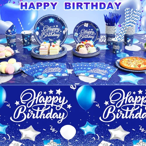 Miniatura 4 de Norme Juego de vajilla para fiesta de cumpleaños de 176 piezas en azul marino y plata. Decoración de cumpleaños que incluye mantel, platos de papel