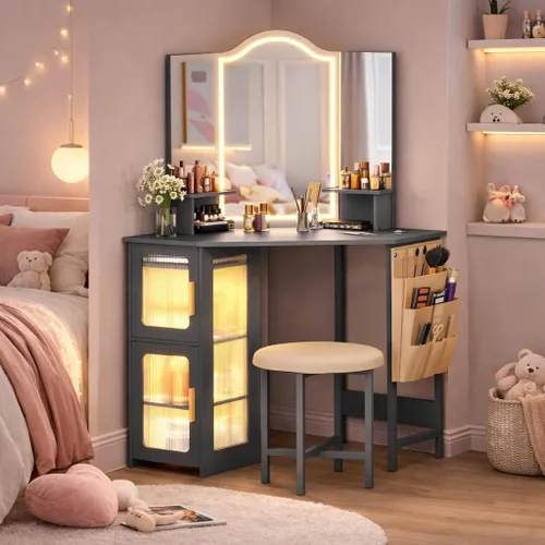 Miniatura 11 de LVSOMT Escritorio esquinero de maquillaje con espejo y luces, tocador de 44 pulgadas con estación de carga, mesa de maquillaje con taburete, armario
