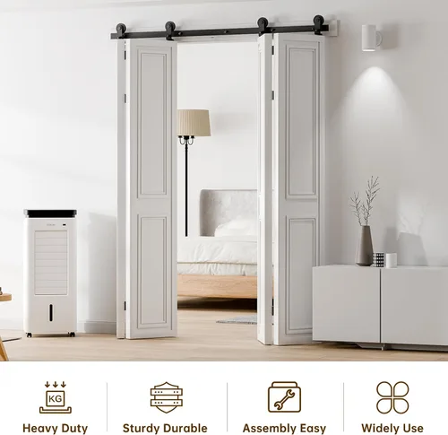 Miniatura 4 de Kit de herrajes para puerta corrediza de granero plegable de 76 pulgadas para 4 puertas, rodillo de montaje superior, suave y silencioso, fácil