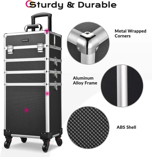 Miniatura 5 de BYOOTIQUE - Estuche de maquillaje clásico negro 4 en 1 con cerradura cosmética para artista de maquillaje, estuche de tren de viaje