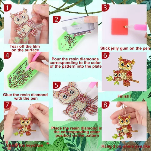 Miniatura 3 de Augisteen Kit de 12 llaveros de pintura de diamantes, adornos artísticos de diamantes de doble cara 5D, llaveros de diamantes DIY, colgantes
