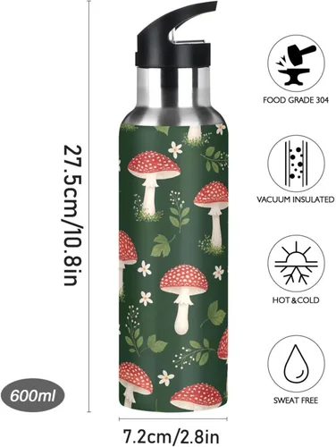 Miniatura 9 de Cute Red Mushrooms Green Stainless Steel Water Bottle 20 Oz Leakproof Water Bottles, BPA-Free Sports Water Bottle with Straw