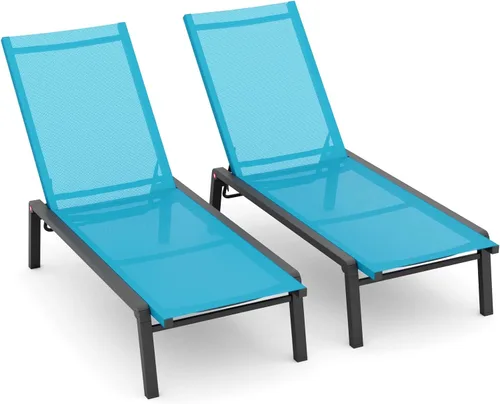 Juego de 2 tumbonas para patio con 4 respaldos ajustables, tumbona plegable de aluminio reclinable para exteriores, junto a la piscina, color azul