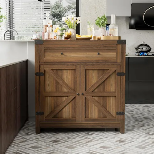 Miniatura 7 de JUMMICO Gabinete de barra de café, aparador de cocina de granja, gabinete de buffet con cajón y estante ajustable para puerta de granero de Marrón