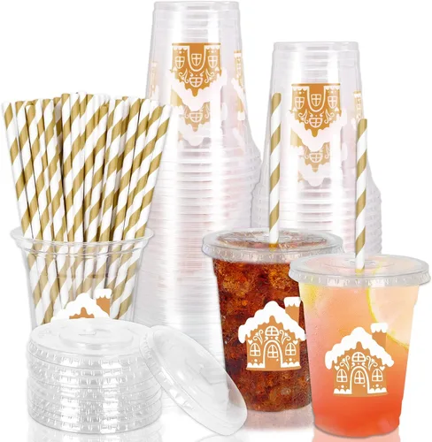 Miniatura 55 de Whaline 50 vasos de plástico desechables patrióticos de 12 onzas con tapas y pajitas con la bandera estadounidense del 4 de julio, vasos