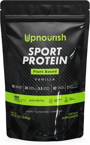 Proteína deportiva vegana en polvo de vainilla – 1.06 oz de proteína a base de plantas, VELOSITOL, BCAAs, verduras y frutas orgánicas, probióticos,