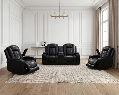 Miniatura 19 de Juego de 3 piezas para sala de estar, sofá reclinable eléctrico de cuero con puertos USB, iluminación LED y portavasos, asientos de cine en casa