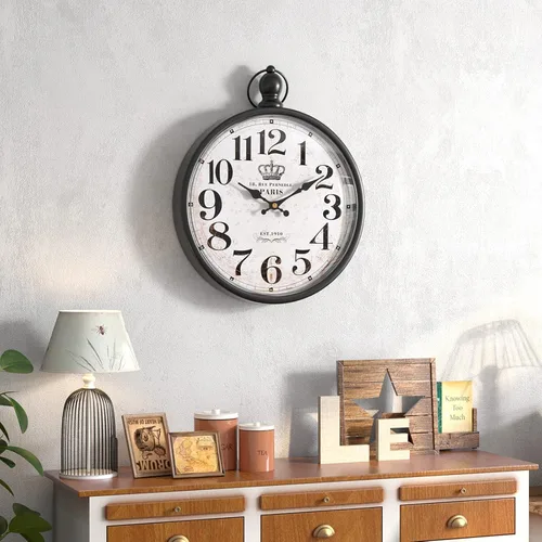 Miniatura 5 de Menterry Reloj de Pared Redondo Retro. Relojes de Pared Negros de Estilo Vintage Antiguo para Cocina, Casa de Campo, Dormitorio, Baño, Oficina