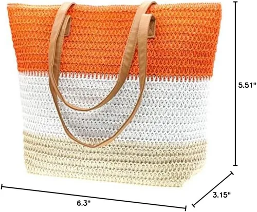 Miniatura 56 de Bolso grande de paja para mujer, tejido de ratán, bolso de playa de verano, a rayas