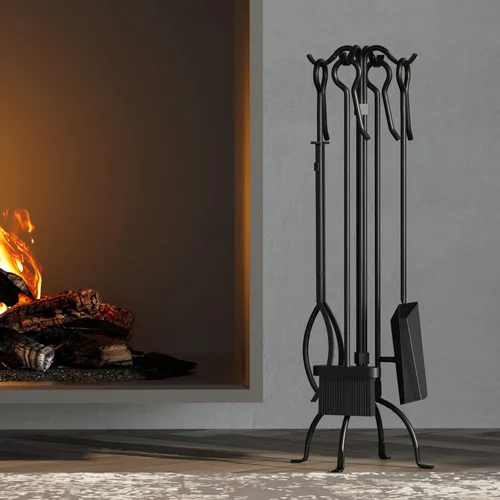 Miniatura 3 de Fire Beauty Juego de herramientas para chimenea de 5 piezas, juego de herramientas de hierro forjado resistente, color negro