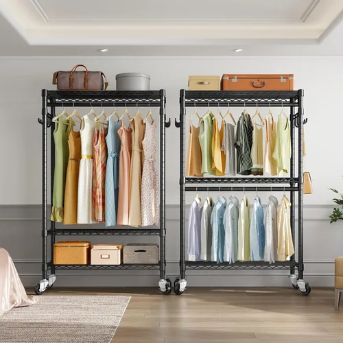 Miniatura 2 de VIPEK R2 Perchero de ropa resistente para colgar ropa, estante de prendas rodante ajustable con barras dobles y ganchos, armario independiente