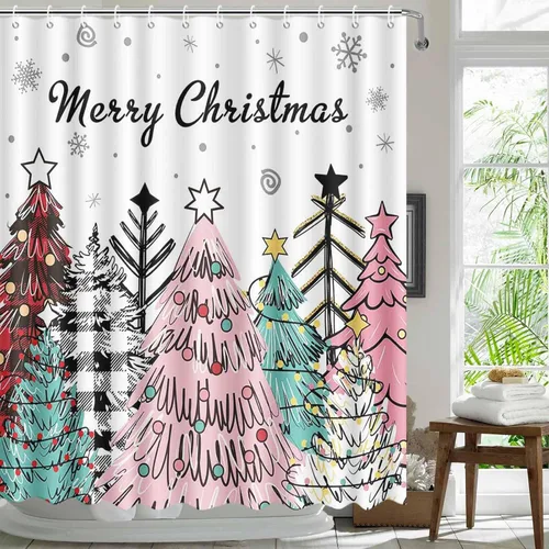 Miniatura 2 de MEHOFOND Cortina de ducha de Navidad rosa con árbol de Navidad, cortina de baño de tela impermeable con 12 ganchos, 72 x 72 pulgadas