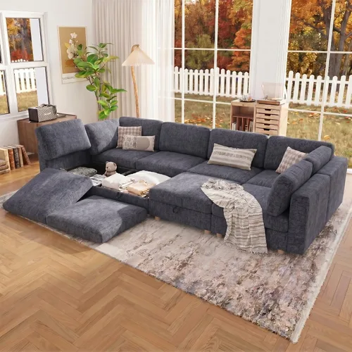 Miniatura 18 de 95.5" Sofá seccional modular de chenilla con almacenamiento oculto, sofá cama convertible en forma de L y U, sofá seccional moderno de 6 plazas