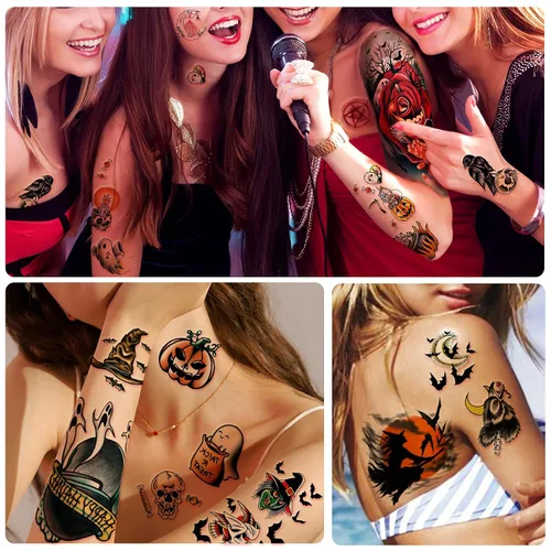 Miniatura 6 de Yazhiji 40 hojas de tatuajes temporales de Halloween, calabaza, bruja, azúcar, cráneo, tatuajes familiares, para mujeres, hombres, niños y niñas