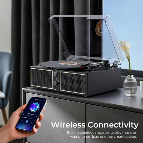 Miniatura 2 de Tocadiscos de vinilo Bluetooth, reproductor LP de 3 velocidades con altavoces, reproductor de discos retro para discos de vinilo, salida RCA AUX