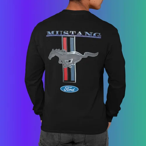 Miniatura 5 de Ford Mustang Pony Racing Stripe 5.0 Muscle Cars Camiseta de manga larga con estampado delantero y trasero Negro