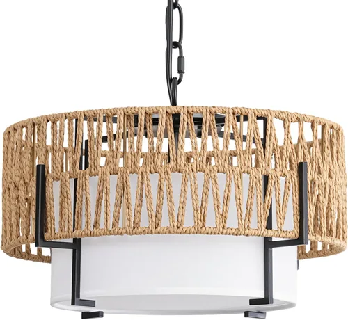 Miniatura 8 de Lámpara Colgante de Ratán, Candelabro Boho de 12.6" con Pantalla de Tela, Lámpara Colgante Estilo Granja Candelabro para Comedor, Sala de Estar