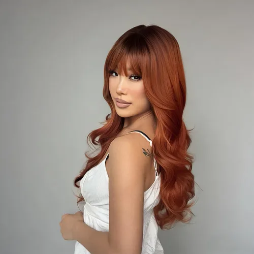 Miniatura 4 de Peluca castaño rojizo con flequillo para mujer, 24 pulgadas de largo, color rojo cobrizo, ondulado, ombré, caoba en capas, aspecto natural