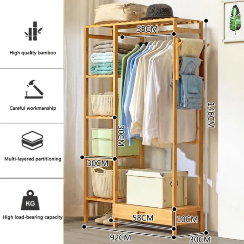 Miniatura 2 de Multifunctional Bamboo Clothes Rail Stand with Hanging Rod,Sturdy Freestanding Coat,Garment Rack,Open Wardrobe for Bedroom Hallway,Clothing Hanger