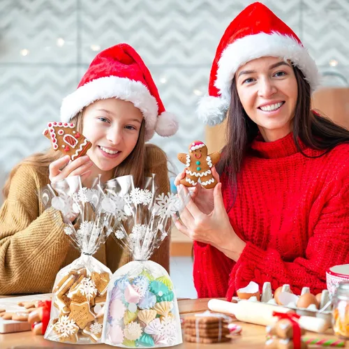 Miniatura 6 de Outus 100 piezas de bolsas de regalo de Navidad, bolsas de celofán con copos de nieve y Santa Claus, recipientes planos de plástico de celofán