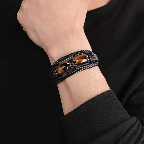 Miniatura 2 de Pulseras de cuero trenzado negro con ojo de tigre para hombre, hijo, nieto, novio, papá, marido, regalos para hombres, Navidad, cumpleaños, día