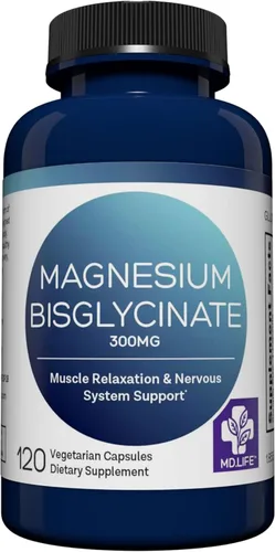 MD.LIFE Bisglicinato de magnesio 300 mg - Cápsulas de quelato de bisglicinato de magnesio de alta absorción para relajación muscular, apoyo nervioso