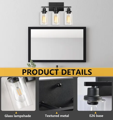 Miniatura 3 de Lámparas de baño, 3 luces, lámpara de tocador negra con pantalla de vidrio transparente, lámpara de pared moderna con marco de metal, lámparas