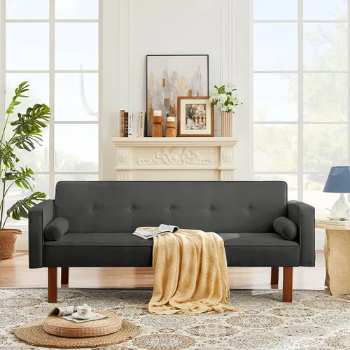Miniatura 9 de Anwick Sofá cama de tela moderna, sofá cama convertible con 2 almohadas y reposabrazos, sofá reclinable plegable de 75 pulgadas con patas de madera