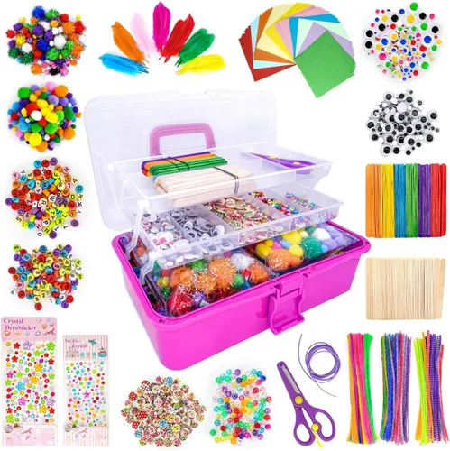 kortes Suministros de arte y manualidades para niños, juego de suministros de arte de bricolaje incluye limpiapipas, pompones, plumas, caja de