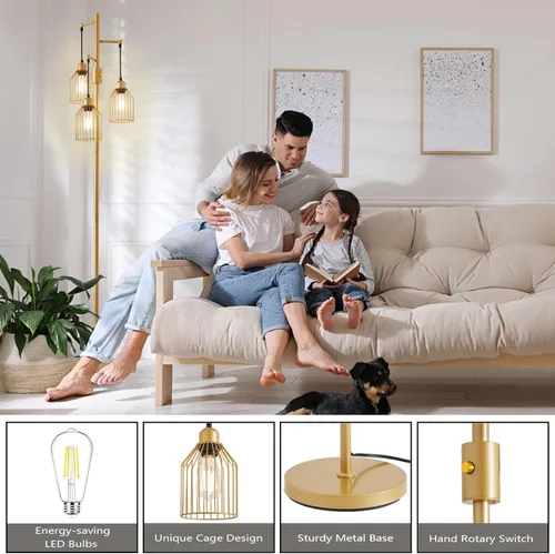 Miniatura 7 de Lámpara de Pie Regulable para Sala de Estar, Lámparas de Pie de Estilo Rústico con Elegante Jaula Colgante, 3 Bombillas LED Edison Incluidas, Luz