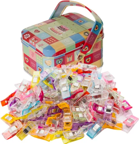 Clips de costura con caja de lata, 100 piezas de clips de manualidades de colores surtidos para tela y acolchado, clips de encuadernación para