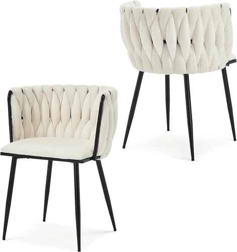 Juego de 2 sillas de comedor de terciopelo, sillas laterales tapizadas tejidas con patas de metal negro, sillas decorativas modernas, sillas de