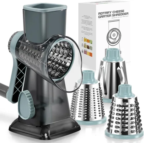 Badelite Rallador de queso, triturador de queso y verduras, rallador para cocina, 3 cuchillas intercambiables para queso, papa, calabacín, nueces,