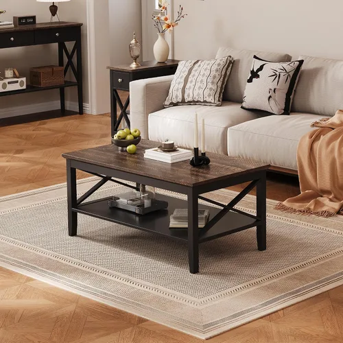 Miniatura 15 de Mesa de centro ChooChoo Oxford con patas más gruesas, mesa de centro de madera negra con almacenamiento para la sala de estar
