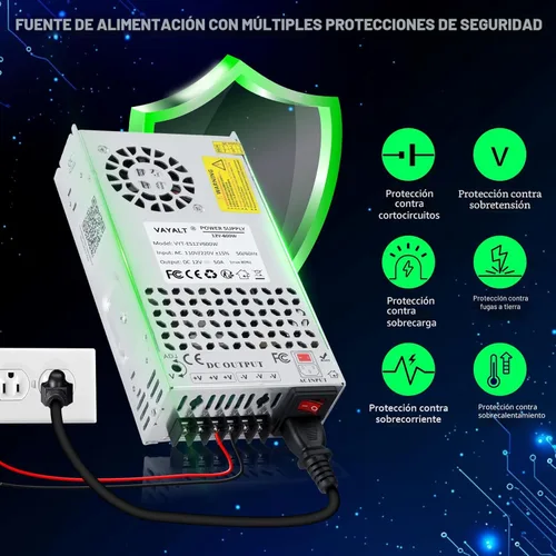 Miniatura 4 de VAYALT Fuente de alimentación de conmutación DC 12V 50A 600W, Convertidor de CA a CC de 110V/220V, Conmutación regulada universal, Fuente de 12