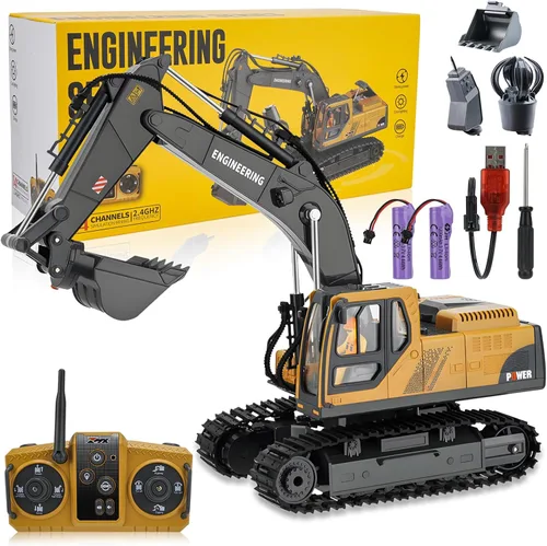 Juguete de excavadora RC para niños 3-12, cubo 3 en 1, garra/taladro, camión de construcción de 2.4 GHz de 14 canales con rotación de 680°, batería