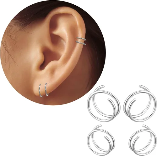 Miniatura 16 de 2 Pairs Double Hoop Earrings, Gold Cartilage Earrings for Women, Small Silver Helix Piercing Jewelry,Spiral Nose Ring Tiny Twist Earrings as Gift