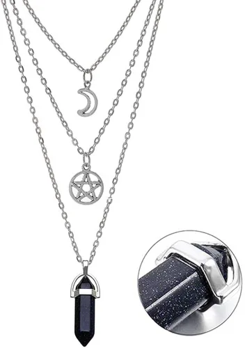 Miniatura 7 de MJartoria Collar de pentagrama de luna collar de chakra de cristal colgante con dije cadena de aleación multicapa conjunto de gargantilla joyería