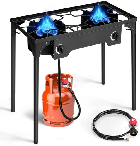 Miniatura 8 de Outvita Estufa de camping de gas portátil de 75,000 BTU, quemador de propano para exteriores con regulador de 20 psi, cocinilla individual de alta