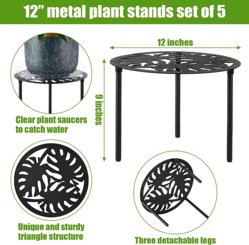 Miniatura 3 de Paquete de 5 soportes de metal resistente de 12 pulgadas para macetas grandes para interiores y exteriores, soporte para macetas de hierro a prueba