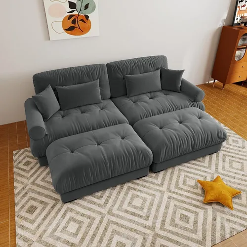 Miniatura 91 de Sofá modular de gran tamaño de 94 pulgadas, sofás seccionales grandes de color beige y blanco para sala de estar, juego de sofá de terciopelo, sofás