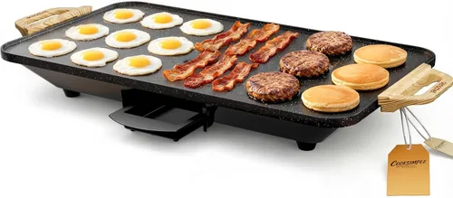 CookSimple Everyday - Plancha eléctrica de 20 x 12 pulgadas, superficie de granito ILAG antiadherente de 1700 W, diseño plano grande, perfecta para