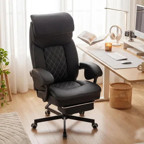 Ergonomic Big and Tall Office Chair with Footrest, PU Leather High Back Executive Gaming Chair, Reclining Wide Computer Desk Chair with Lumbar