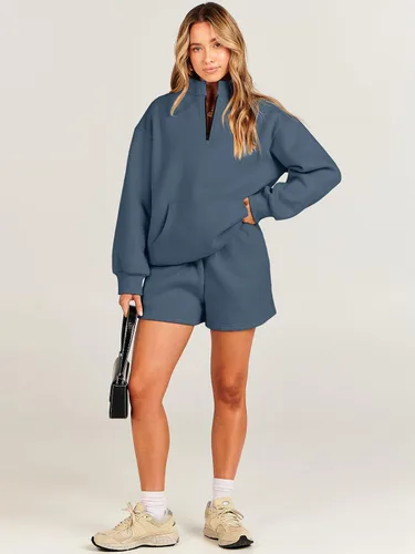 Miniatura 6 de Caracilia Conjunto deportivo de 2 piezas para mujer, sudadera de gran tamaño con media cremallera y pantalones cortos a juego para el otoño