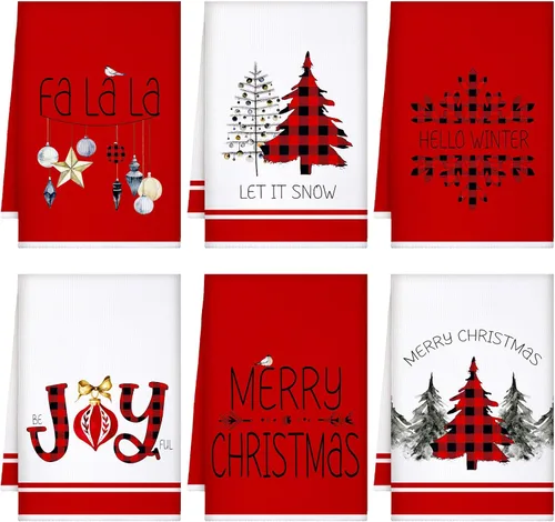 Miniatura 9 de Geyoga 6 toallas de cocina de Navidad con diseño de búfalo a cuadros para árbol de Navidad, toalla de mano, toalla de té, paño de secado suave